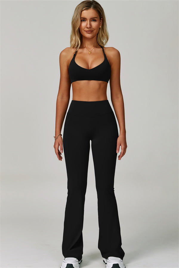 The Bold Cross Back Sports Bra Flared Leggings 2-Piece Set Black