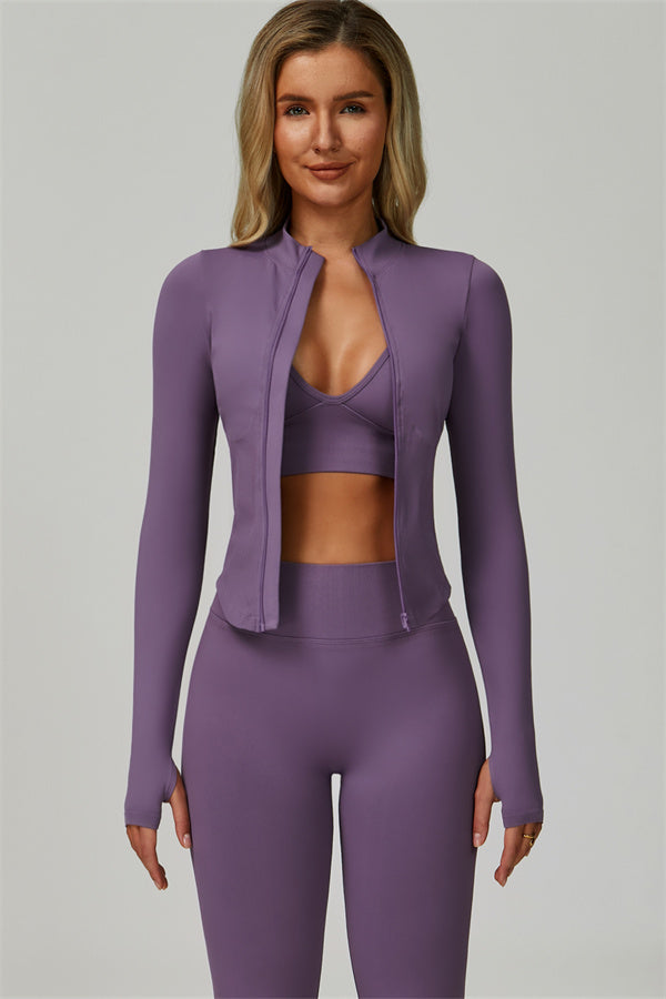 The Empower Jacket Sports Bra Leggings 3-Piece Set Plum Purple
