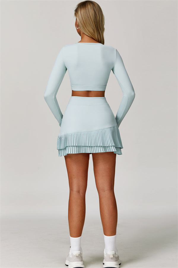 The Lavish Long Sleeve Cut-out Crop Top Tennis Skirt 2-Piece Set