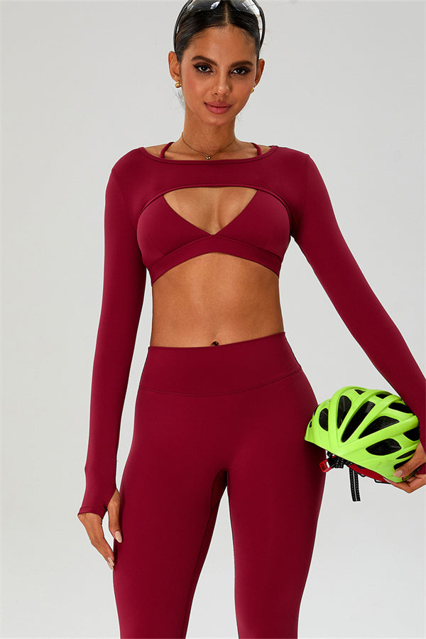 The Ember Sports Bra Crop Top Leggings 3-Piece Set Burgundy