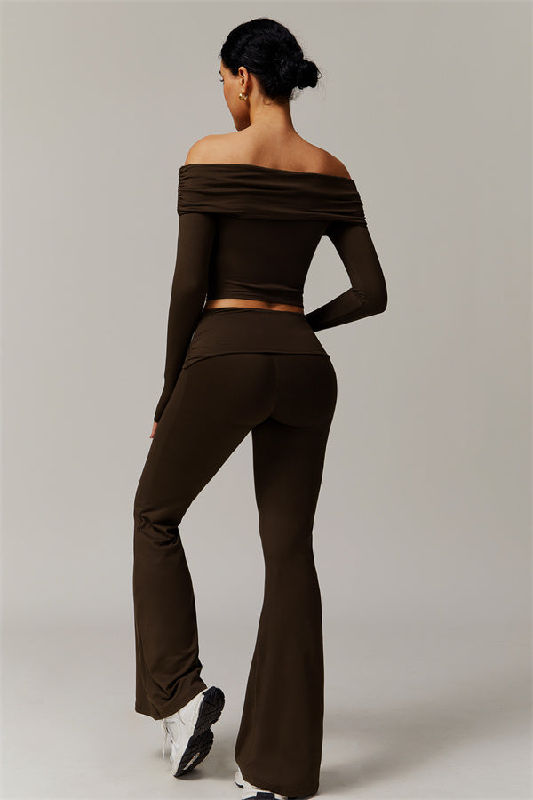 The Luxe Ruched Long Sleeve Off-Shoulder Top Flared Leggings 2-Piece Set