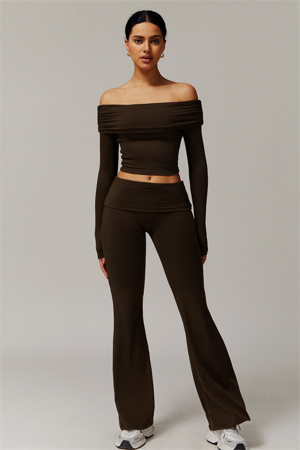 The Luxe Ruched Long Sleeve Off-Shoulder Top Flared Leggings 2-Piece Set