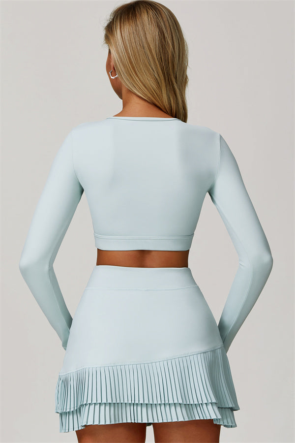 The Lavish Long Sleeve Cut-out Crop Top Tennis Skirt 2-Piece Set