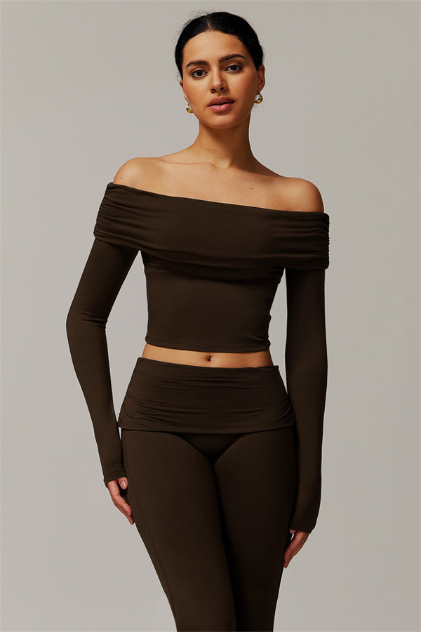 The Luxe Ruched Long Sleeve Off-Shoulder Top Flared Leggings 2-Piece Set Bistre