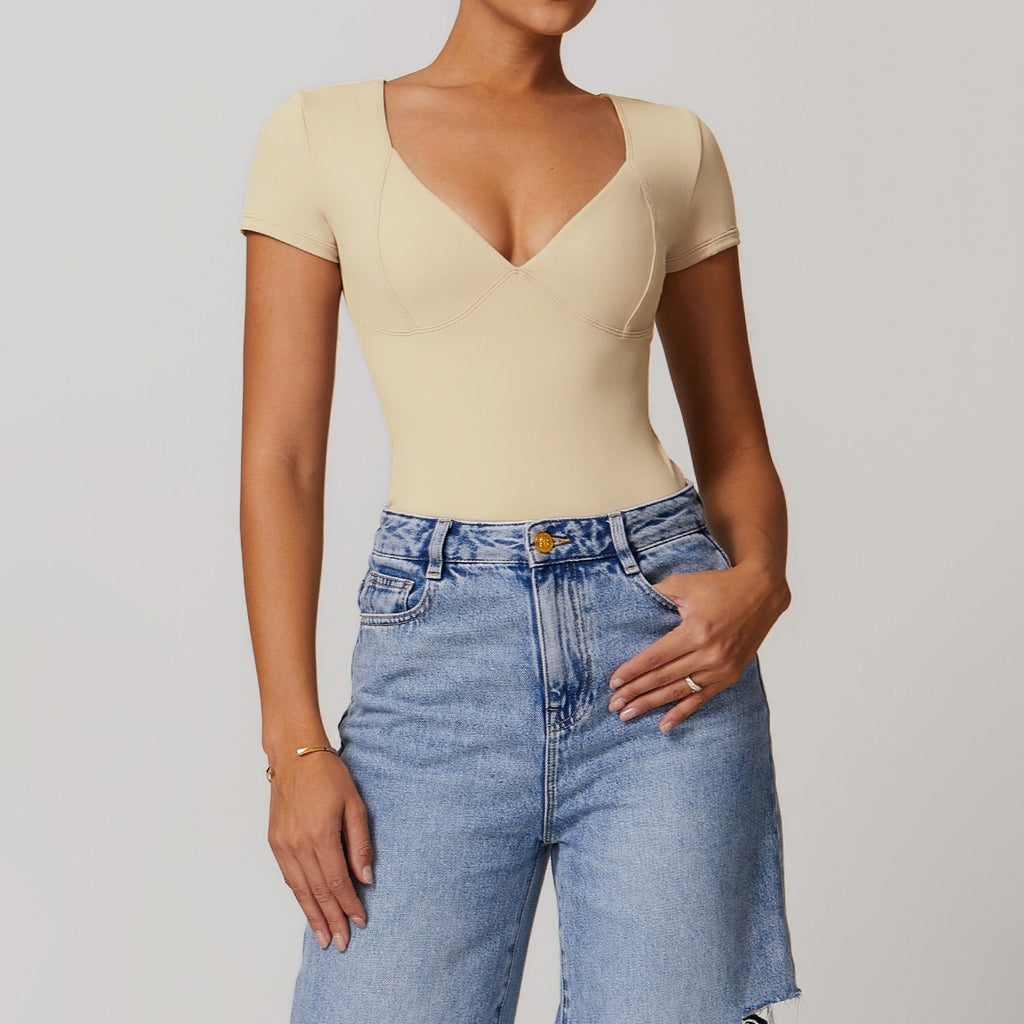 Emmeline Plunge Cut Bodysuit Beige