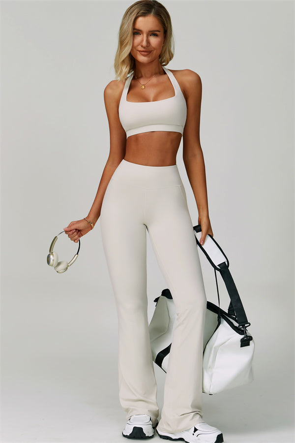 The Bold Halter Sports Bra Flared Leggings 2-Piece Set Pearl White