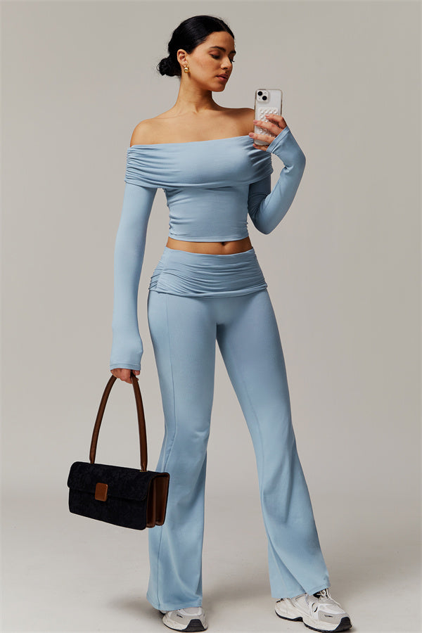 The Luxe Ruched Long Sleeve Off-Shoulder Top Flared Leggings 2-Piece Set