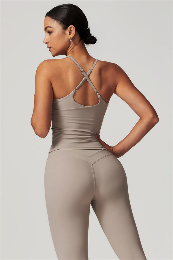 The Enigma Cross Back Vest Leggings 2-Piece Set Camel