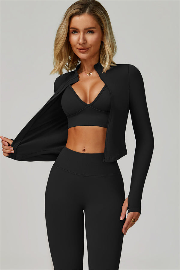 The Empower Jacket Sports Bra Leggings 3-Piece Set Black