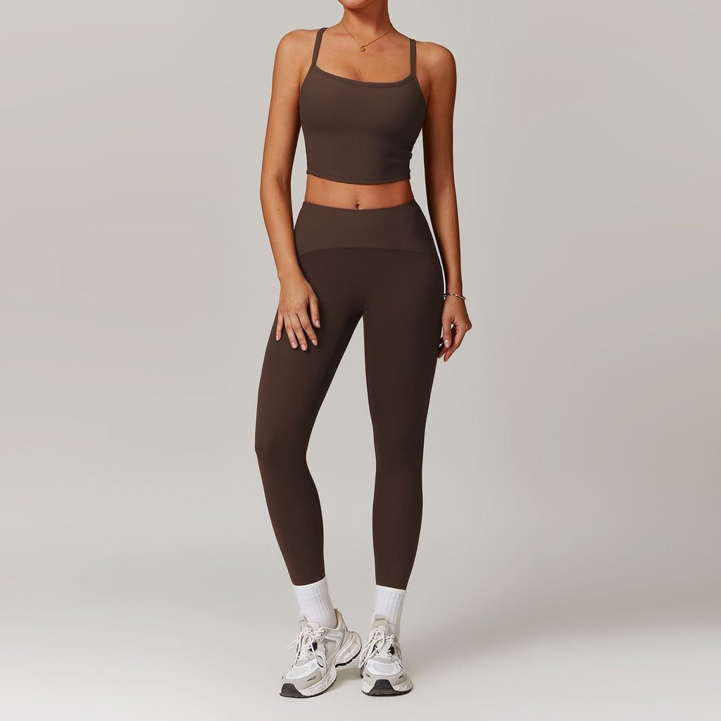 Melina Micro Ribbed Bra Top & Leggings Set Chocolate