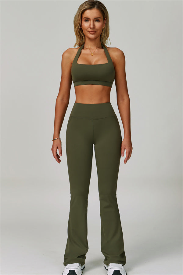 The Bold Halter Sports Bra Flared Leggings 2-Piece Set Woodland