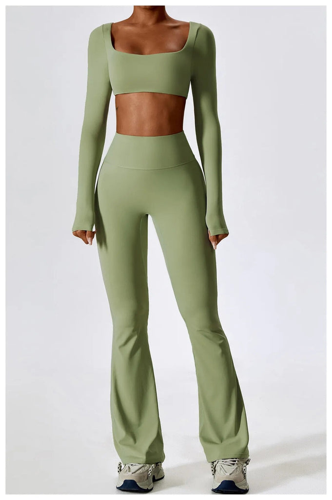Daisy Longsleeve Top & Flared Set Bamboo green