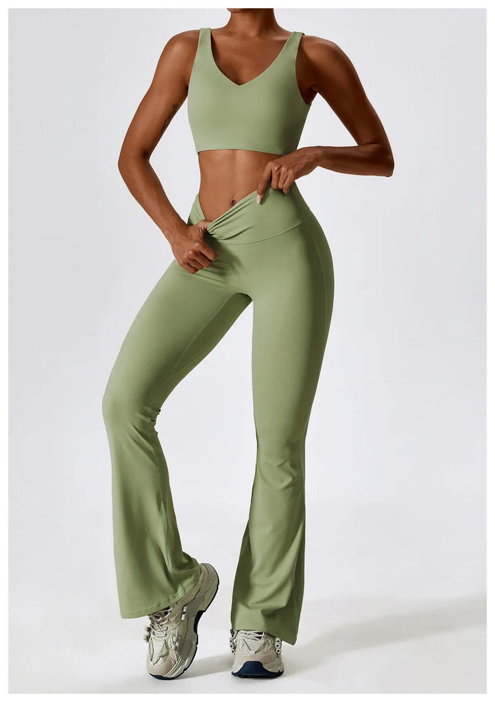 Daisy V Crop Top & Flared Set Bamboo green