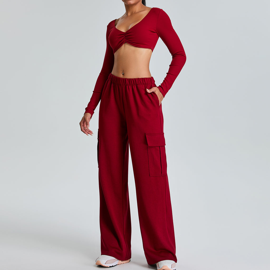 Annora Ruched Longsleeve Top & Trousers Set Burgundy