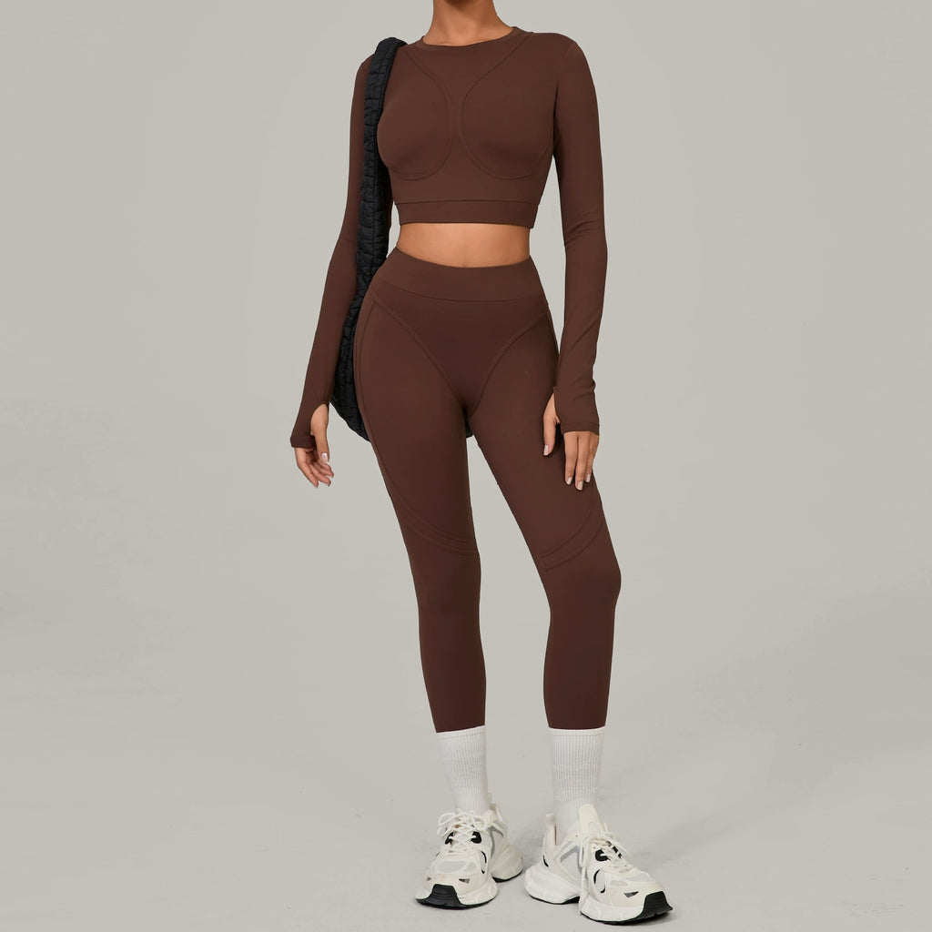 Lucky Label Contrology Longsleeve Top & Leggings Set Brown