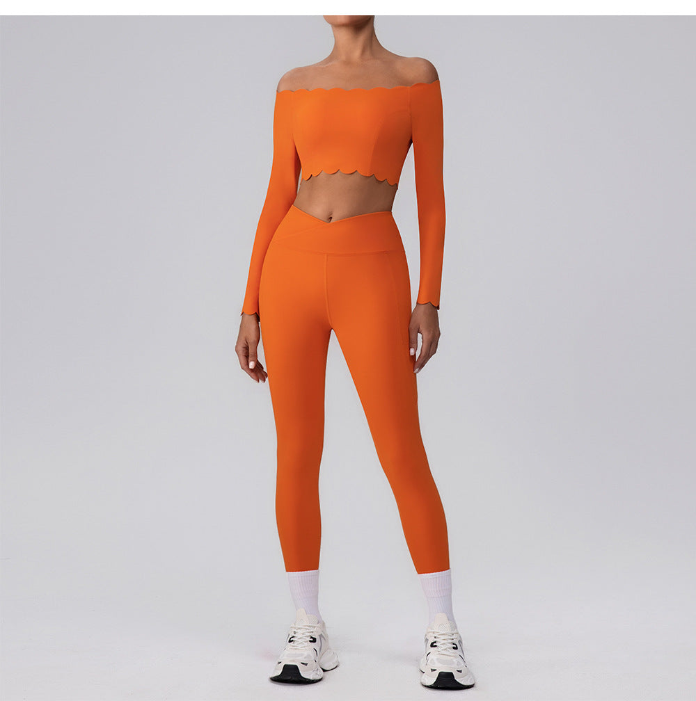 Scallop Off Shoulder Longsleeve Top & Leggings Set Orange