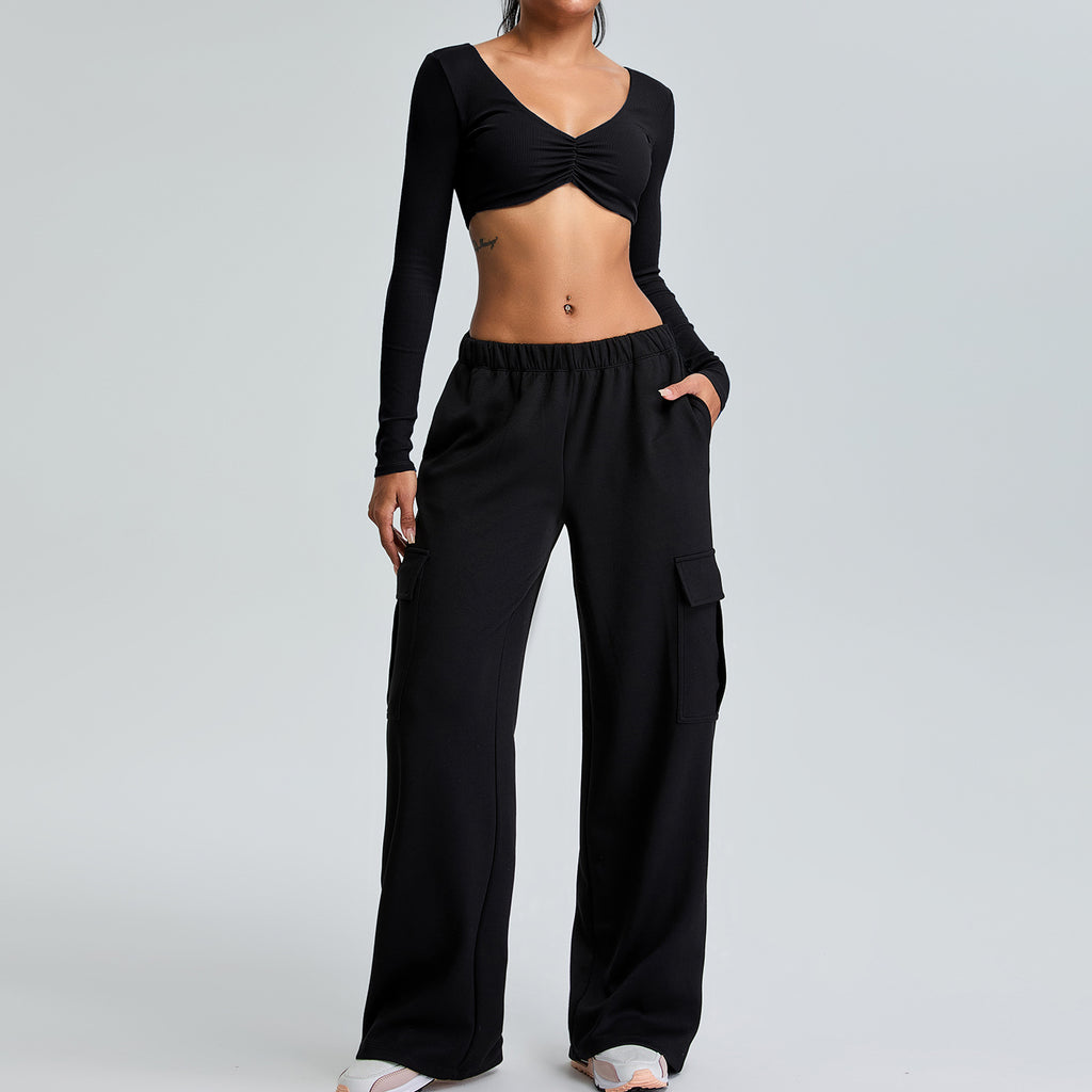 Annora Ruched Longsleeve Top & Trousers Set Black