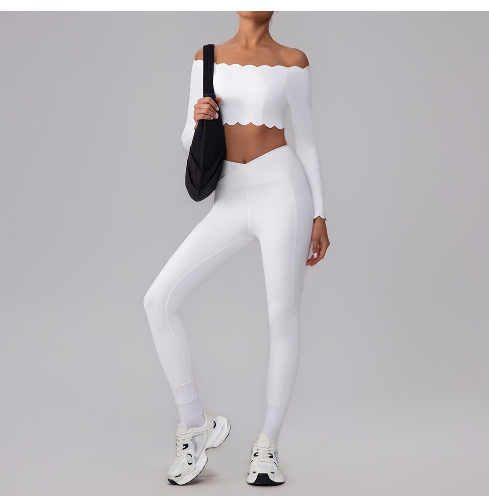 Scallop Off Shoulder Longsleeve Top & Leggings Set White