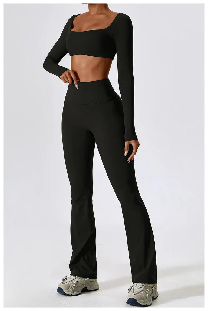 Daisy Longsleeve Top & Flared Set Black