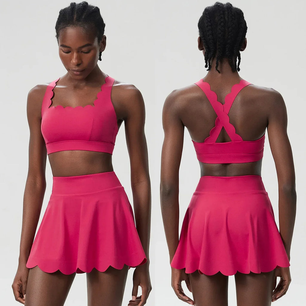 Scallop Cut Square Neck Top & Skort Set Magenta
