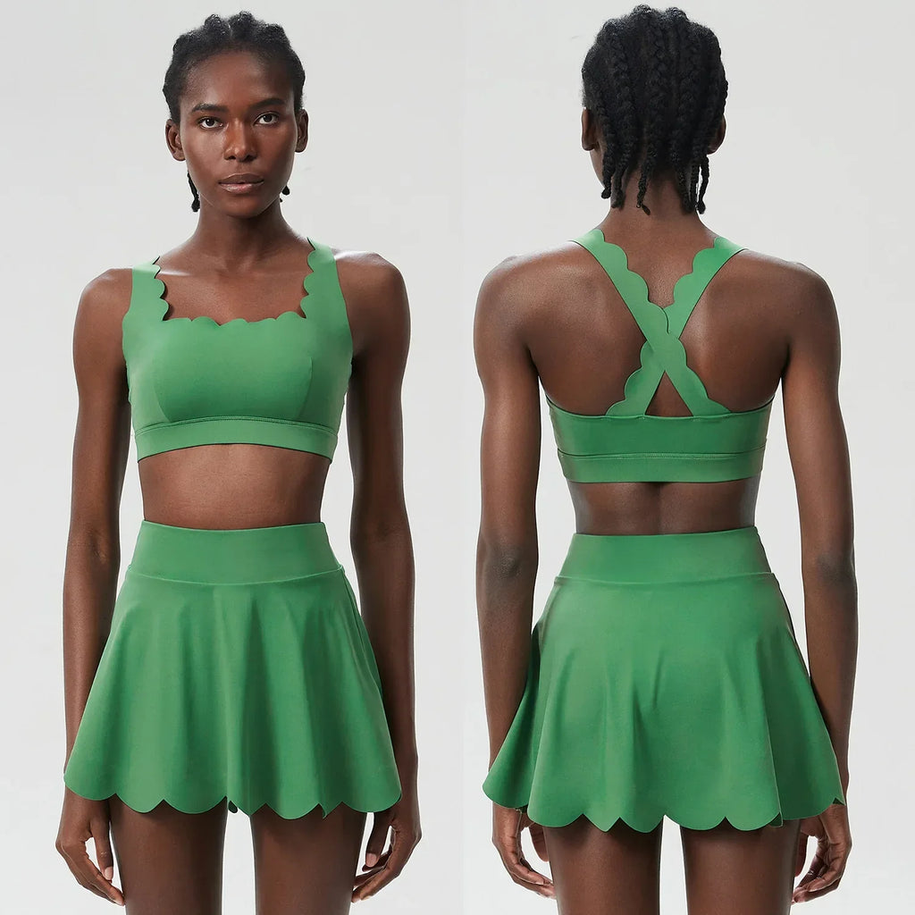 Scallop Cut Square Neck Top & Skort Set Green