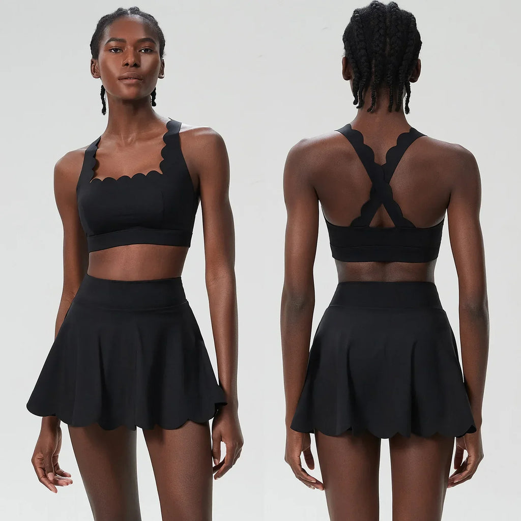 Scallop Cut Square Neck Top & Skort Set Black
