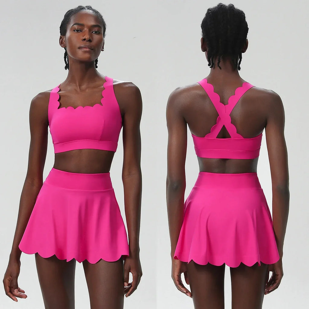 Scallop Cut Square Neck Top & Skort Set Red
