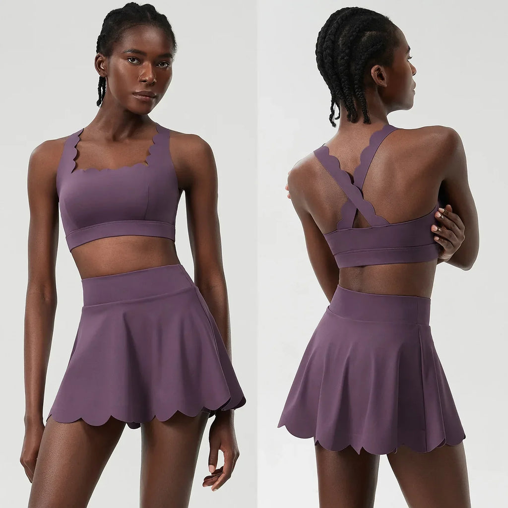 Scallop Cut Square Neck Top & Skort Set Purple