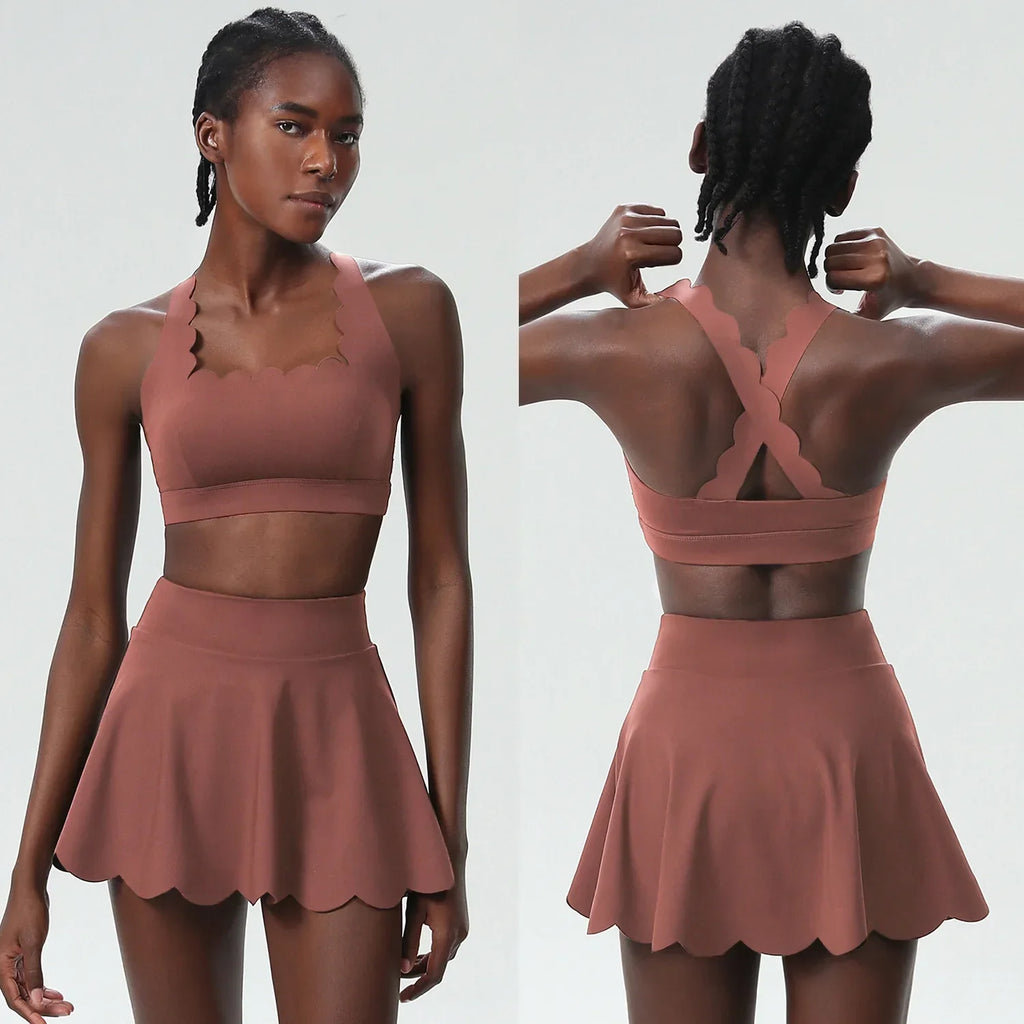 Scallop Cut Square Neck Top & Skort Set Dark peach