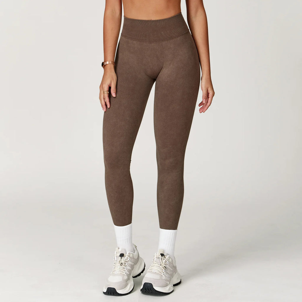 Acid Wash High Waist Leggings Brown