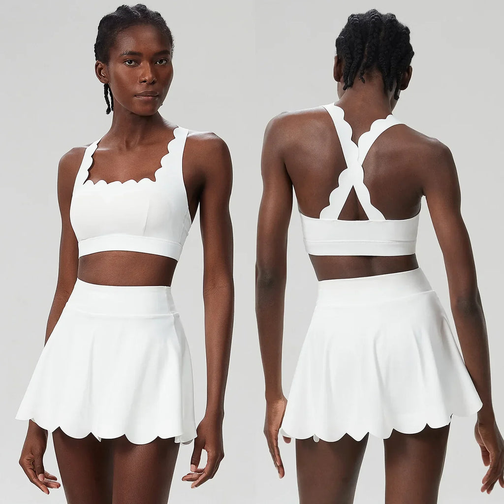 Scallop Cut Square Neck Top & Skort Set White