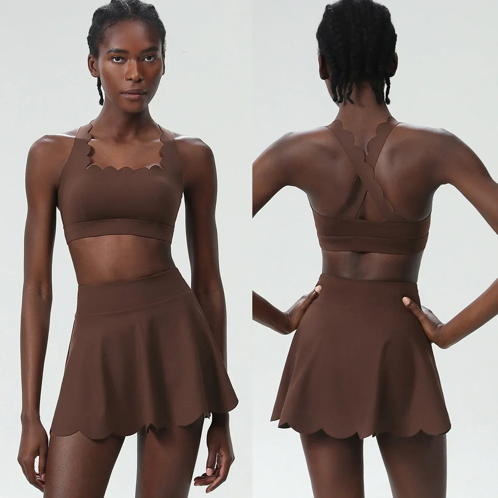 Scallop Cut Square Neck Top & Skort Set Chocolate