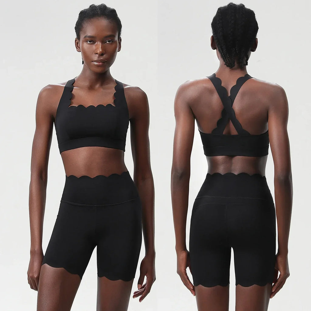 Scallop Square Top & Shorts Set Black