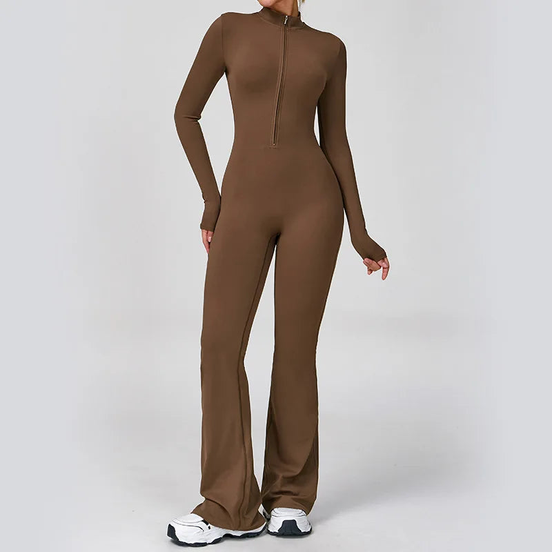 Super Sculpt Longsleeve Flared Jumpsuit Coffee