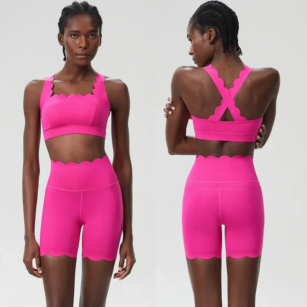 Scallop Square Top & Shorts Set Hot pink