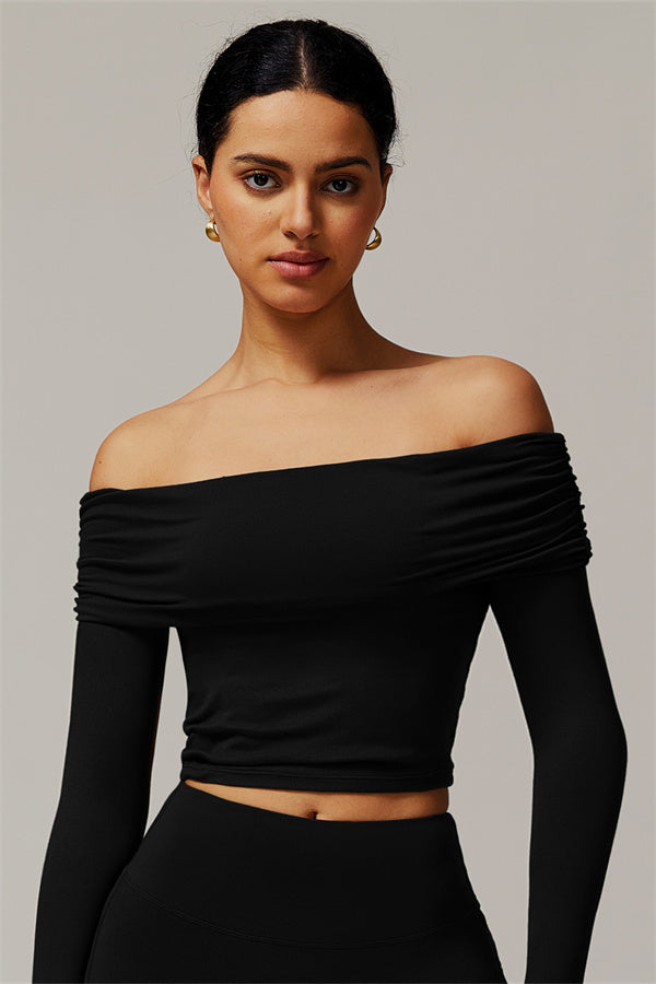 The Luxe Ruched Long Sleeve Off-Shoulder Top Black