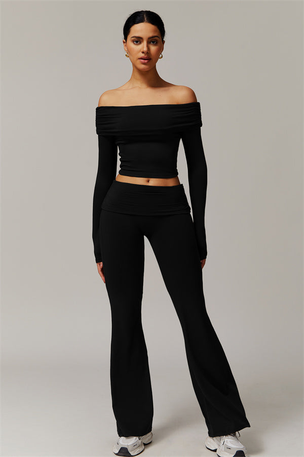 The Luxe Ruched Long Sleeve Off-Shoulder Top Flared Leggings 2-Piece Set