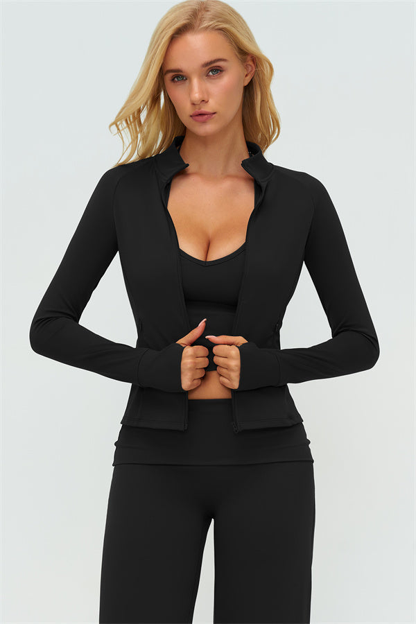 The Twirl Zip Jacket Halter Tank Top Leggings 3-Piece Set Black