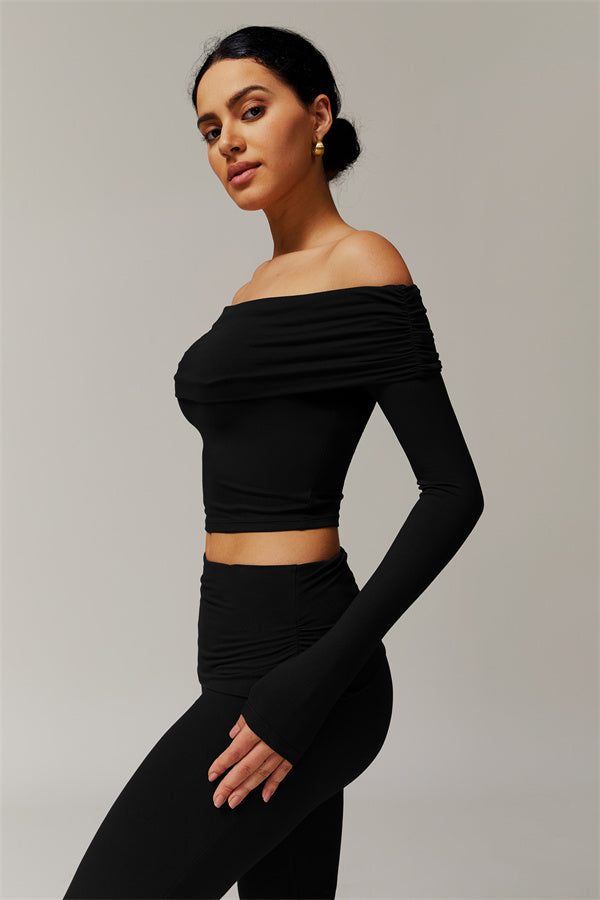 The Luxe Ruched Long Sleeve Off-Shoulder Top Flared Leggings 2-Piece Set