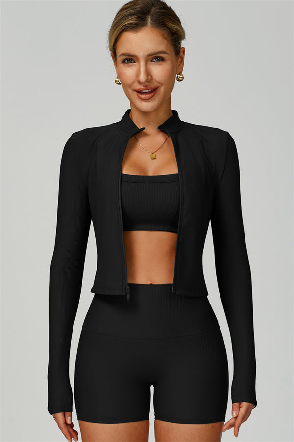 The Burst Jacket Sports Bra Shorts 3-Piece Set Black