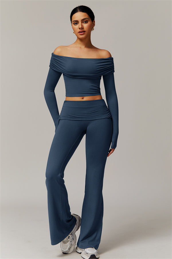 The Luxe Ruched Long Sleeve Off-Shoulder Top Flared Leggings 2-Piece Set