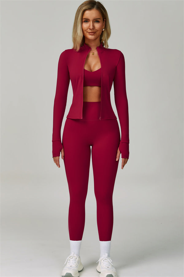 The Seraphine Jacket Sports Bra Leggings 3-Piece Set Red Berry