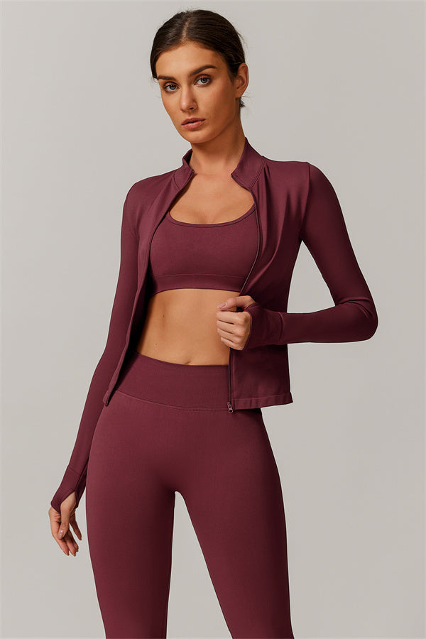 The Nova Luxe Jacket Sports Bra Leggings 3-Piece Set Burgundy