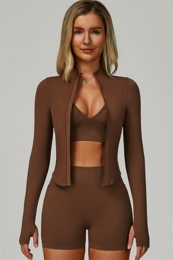 The Empower Jacket Sports Bra Shorts 3-Piece Set Taupe
