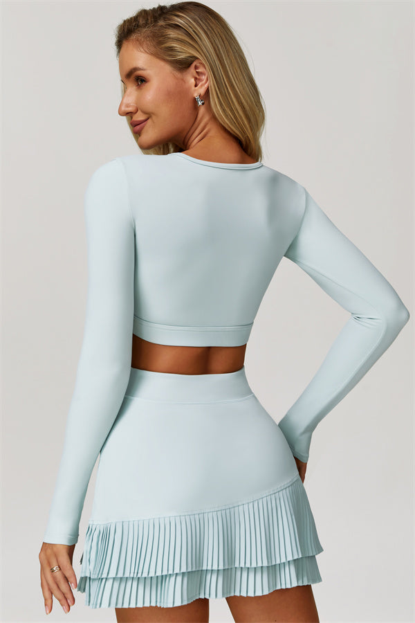 The Lavish Long Sleeve Cut-out Crop Top Tennis Skirt 2-Piece Set