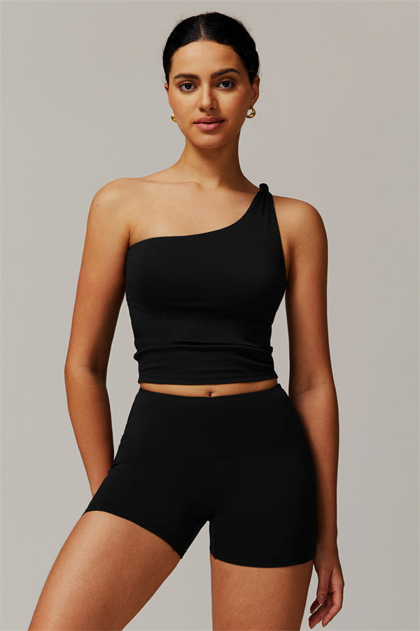 The Luxe One-Shoulder Crop Top Shorts 2-Piece Set Black