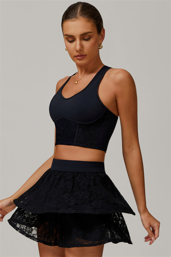 The Wonder Crop Top Tennis Skirt 2-Piece Set Black