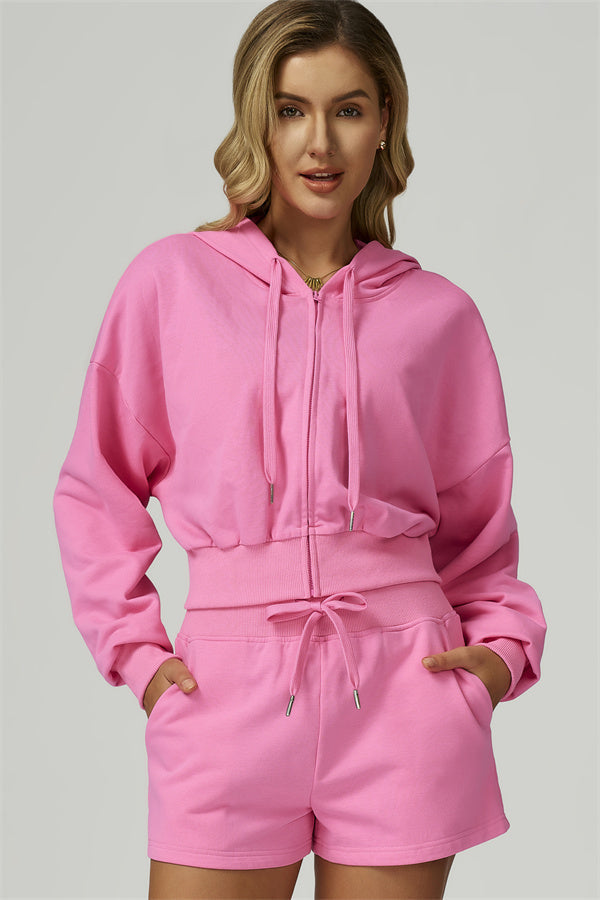 The FlexFit Crop Hoodie Shorts 2-Piece Set Magenta