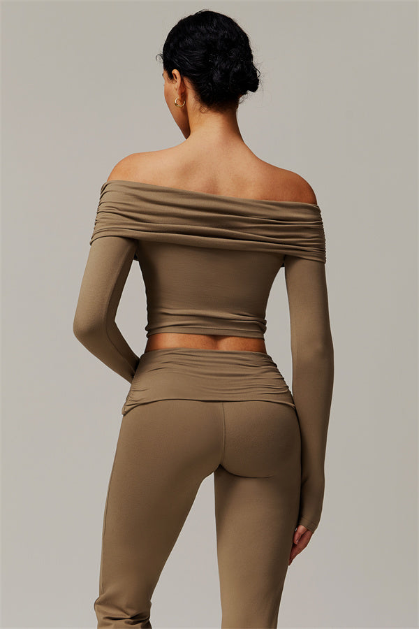 The Luxe Ruched Long Sleeve Off-Shoulder Top Flared Leggings 2-Piece Set