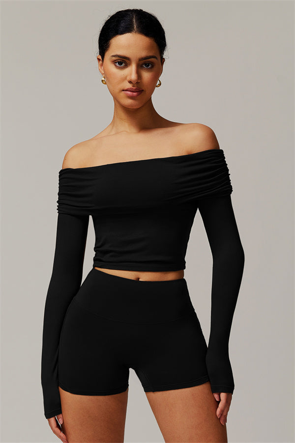 The Luxe Ruched Long Sleeve Off-Shoulder Top Shorts 2-Piece Set Black